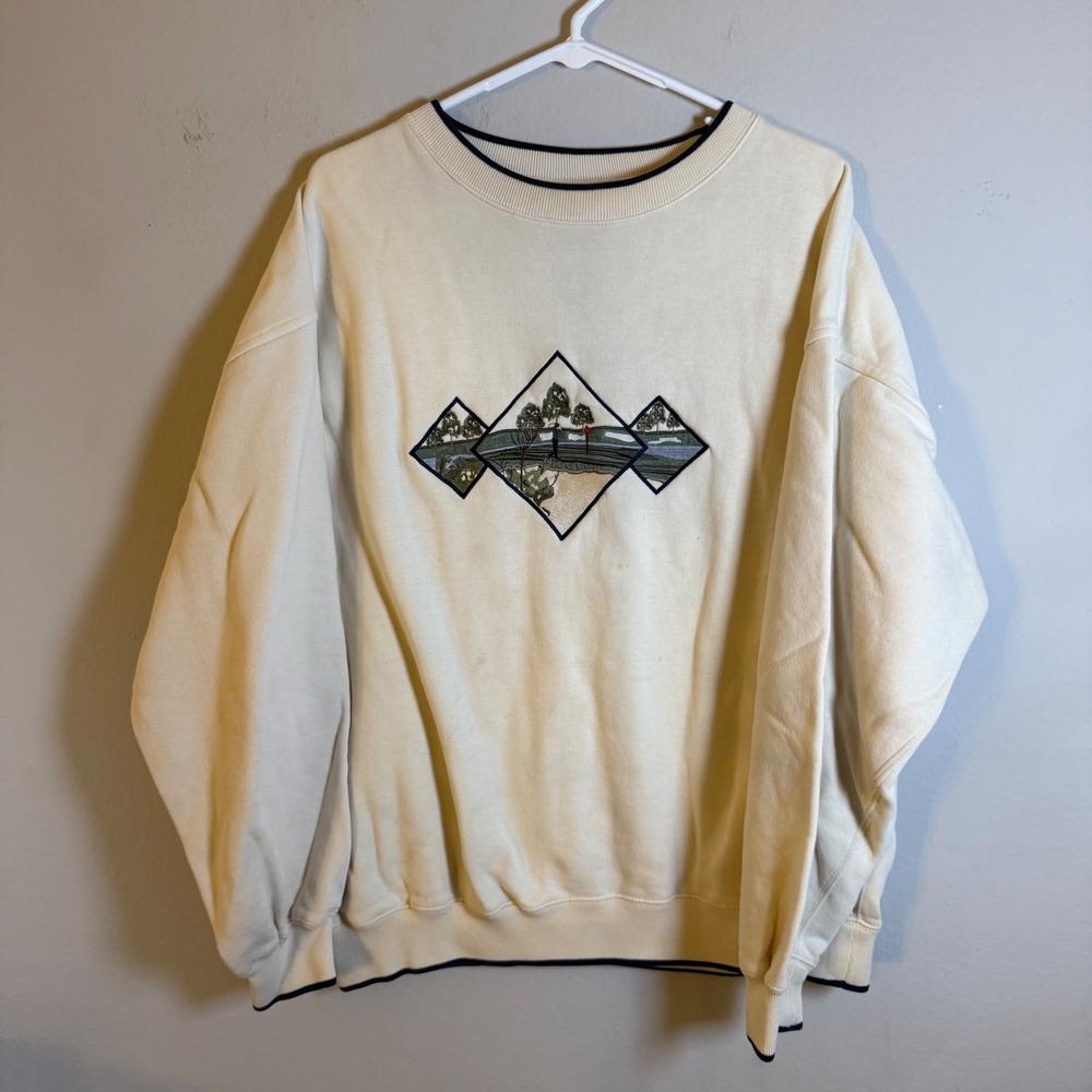 Vintage MC Sport Mens XL Cream Embroidered Golf Scene Crewneck Sweatshirt Navy